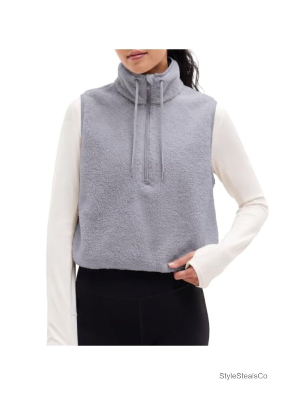 Womens Fuzzy Fleece Vest High Neck Cropped Half Zip Up Warm Sherpa Vest
